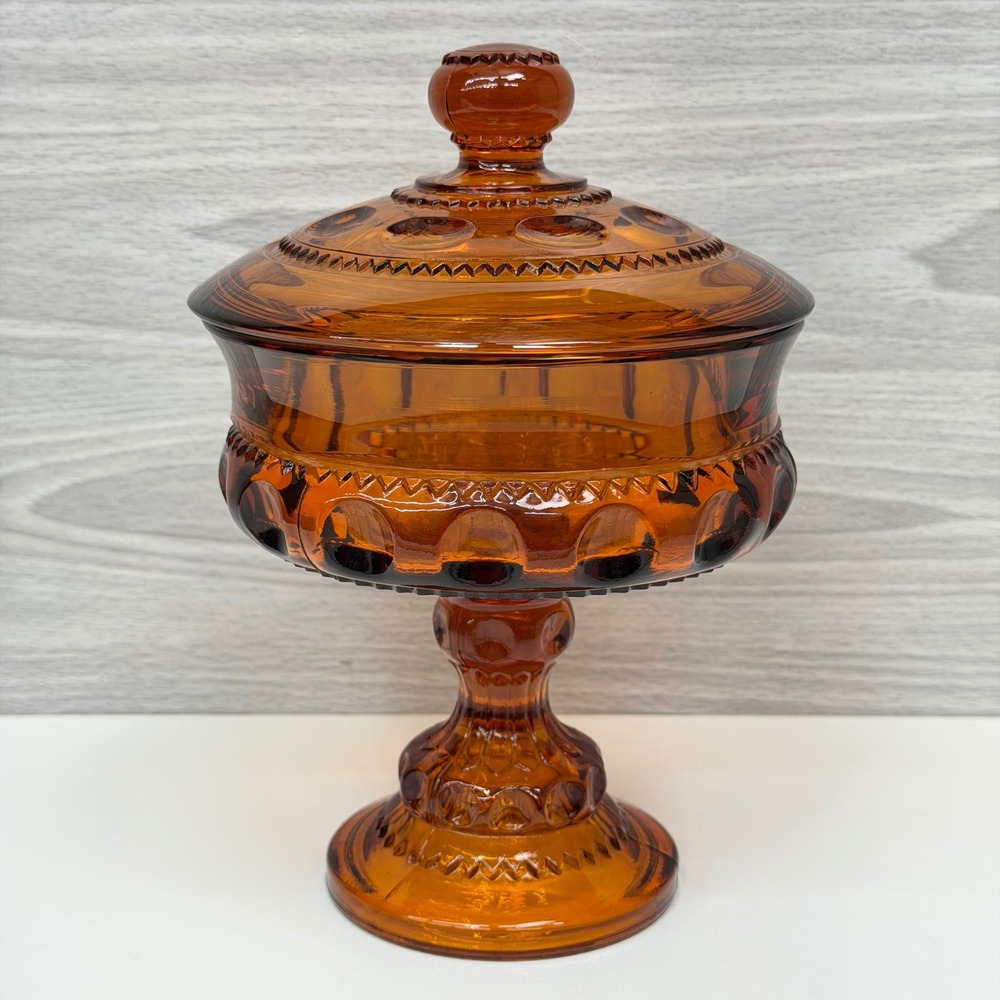 Vintage Indiana Glass Kings Crown Amber Thumbprint Covered Pedestal Candy Dish